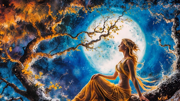 femeie imbracata in galben sta pe o creanga de pom pe fundal de luna