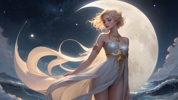 femeie cu parul lung imbracat in rochie scurta alba pe fundal luna noua