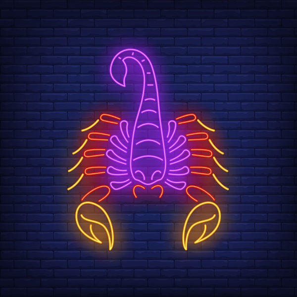 zodia scorpion reprezentata in culori neon pe un zid de caramizi mov