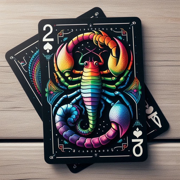 reprezentare a zodiei scorpion pe o carte de joc pe fundal negru