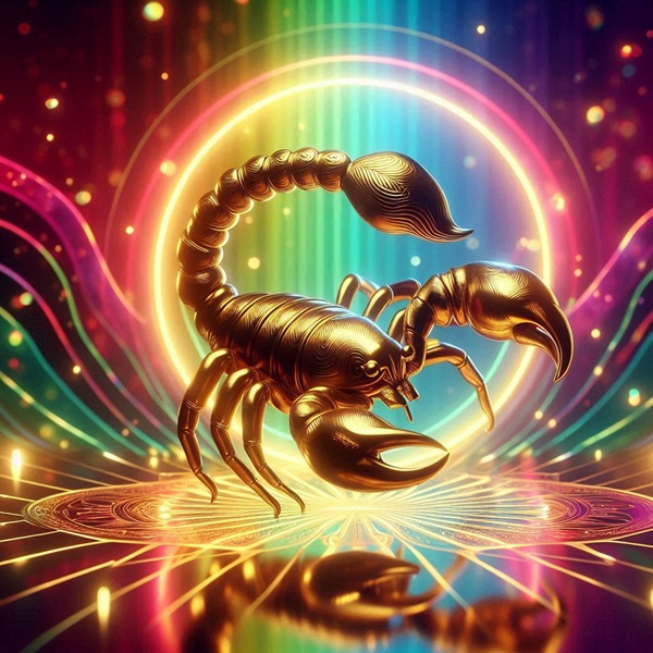 reprezentare aurie a semnului zodiei scorpion pe fundalul unei oglinzi curcubeu