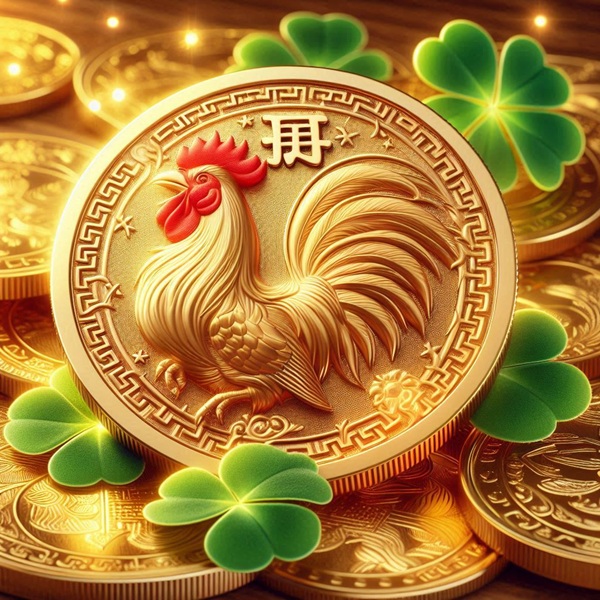 reprezentare a semnului zodiacal chinezesc cocos pe un ban de aur inconjurat de trifoi verzi