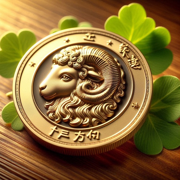 reprezentare a semnului zodiacal chinezesc oaie pe un ban de aur inconjurat de trifoi verzi