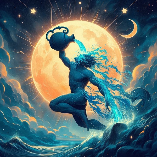 reprezentare a zodiei varsator pe fundal fantasy luna intre nori