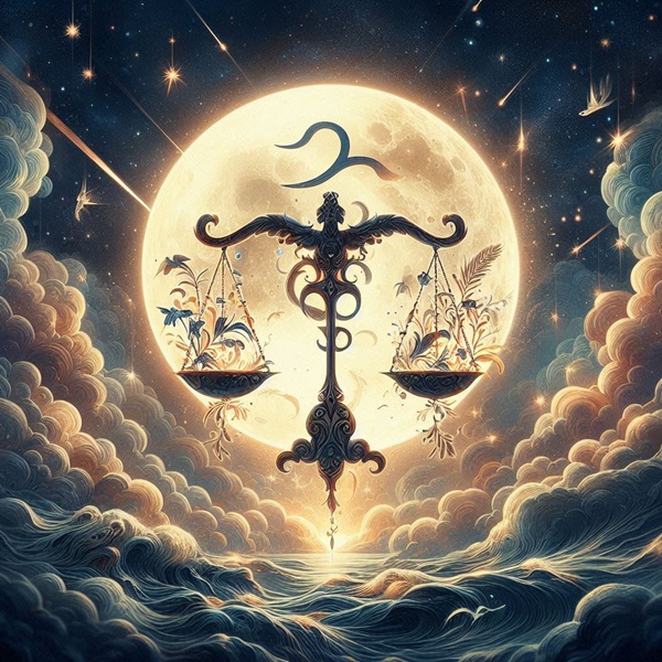 reprezentare a zodiei balanta pe fundal fantasy luna intre nori