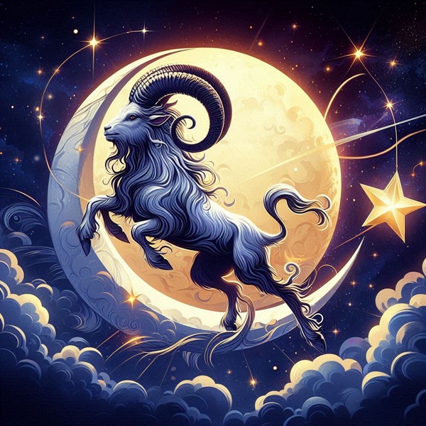 reprezentare a zodiei capricorn pe fundal fantasy luna intre nori