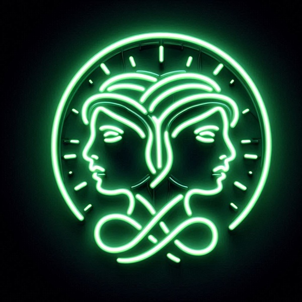 reprezentare a semnului zodiacal gemeni neon verde pe fundal negru