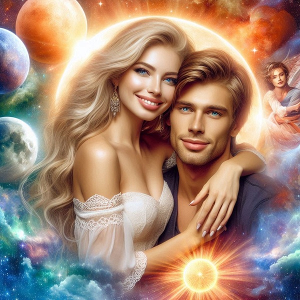 femeie blonda tine dupa gat un barbat saten pe fundal fantasy