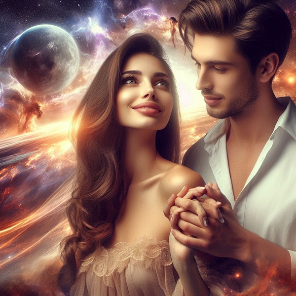 femeie satena cu parul lung tine de mana un barbat pe fundal cosmic