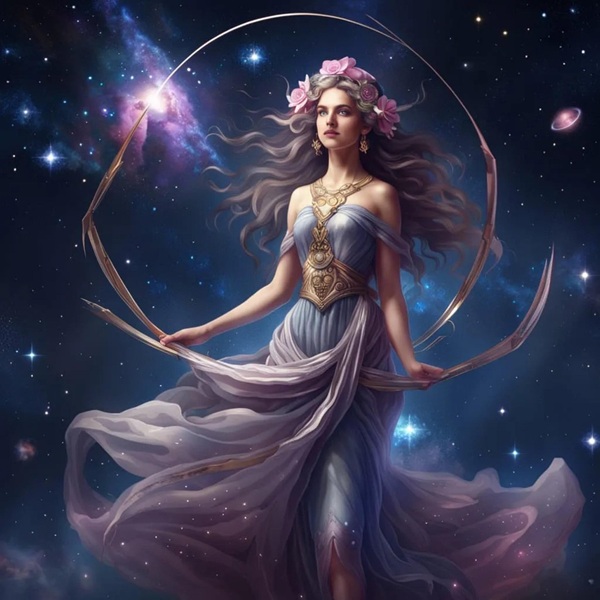 femeie cu parul lung saten imbracata in rochie mov tine o panglica in mana pe fundal cosmic