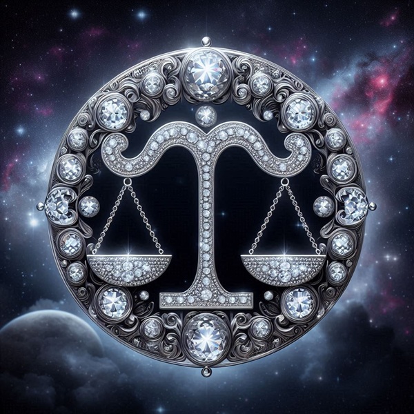 reprezentare artistica a zodiei balanta din diamante stralucitoare pe fundal cosmic