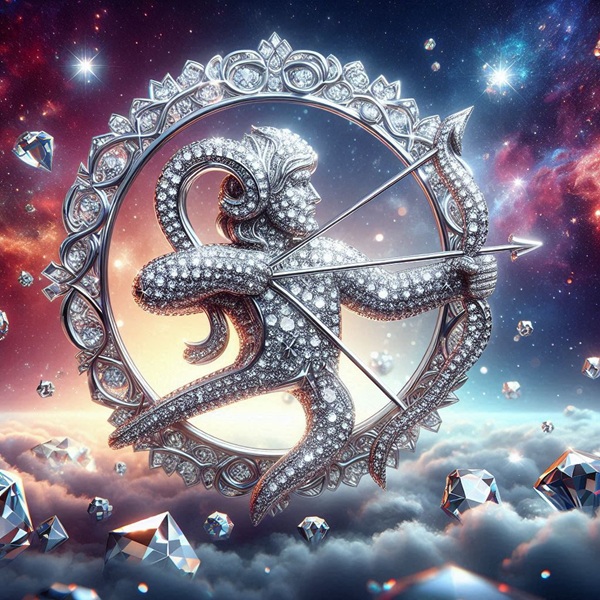 reprezentare artistica a zodiei sagetator din diamante stralucitoare pe fundal cosmic