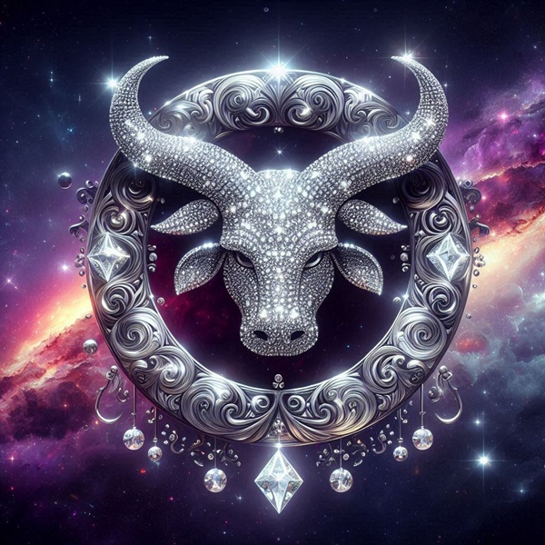 reprezentare artistica a zodiei taur din diamante stralucitoare pe fundal cosmic