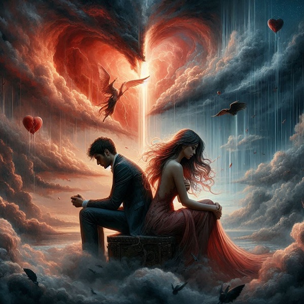 femeie si barbat stau spate in spate pe fundal fantasy cu un inger pe cer
