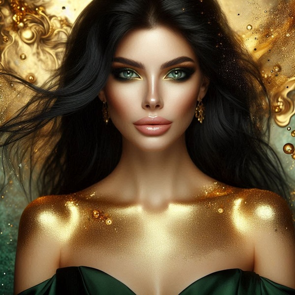 femeie bruneta cu parul lung si drept cu rochie verde si sclipici auriu pe umeri