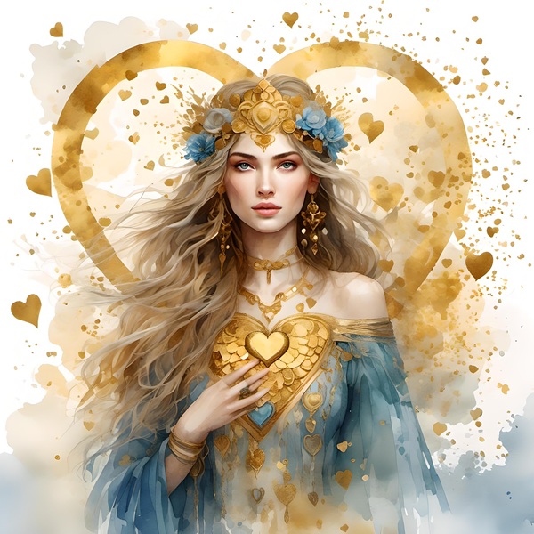 femeie blonda cu parul lung in rochie bleu tine o inima aurie in mana
