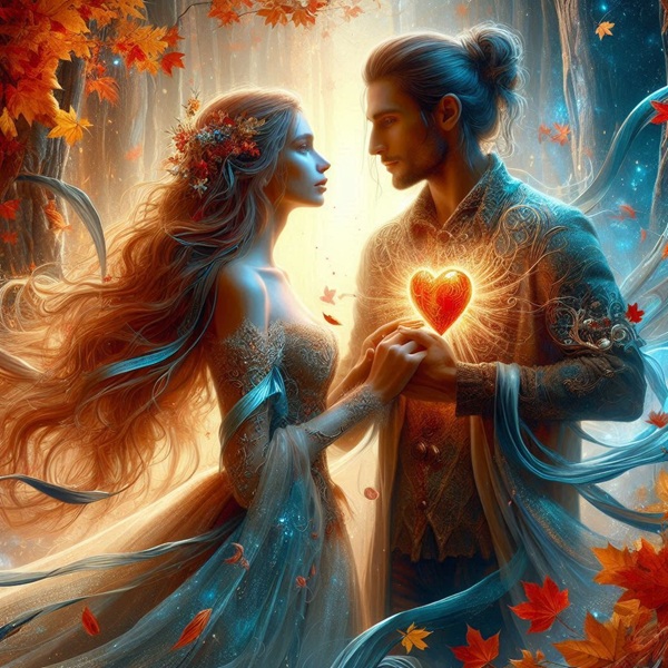 femeie cu parul lung blond si barbat cu parul prins in coc se tin de mana si se privesc in ochi intre ei este o inima care straluceste