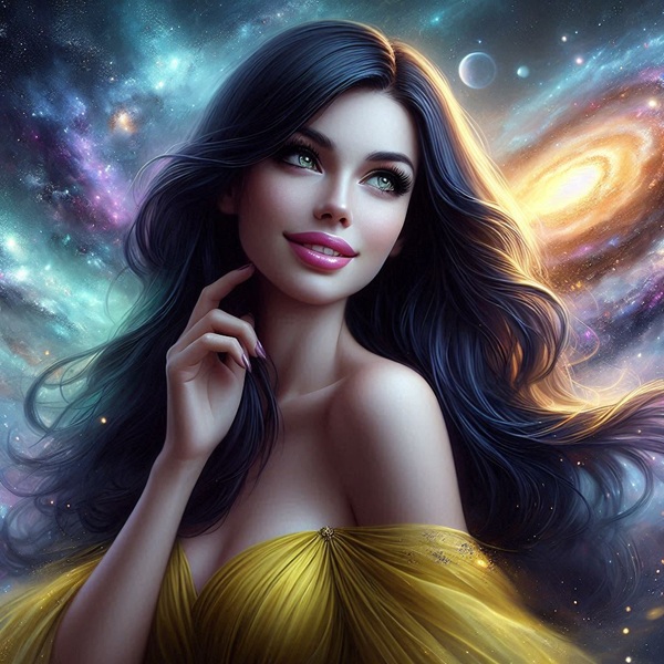 femeie bruneta cu parul lung imbracata in rochie fara umeri galbena pe fundal fantasy de galaxie