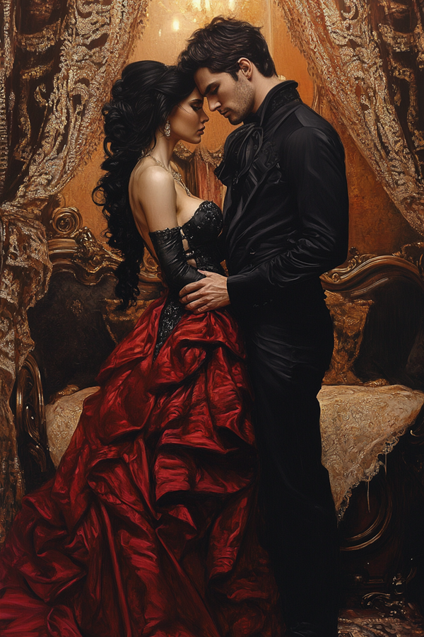 barbat brunet imbracat in costum negru tine in brate o femeie bruneta imbracata in rochie rosie