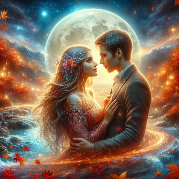 femeie si barbat se uita unul in ochii celuilalt sub luna plina in peisaj de toamna