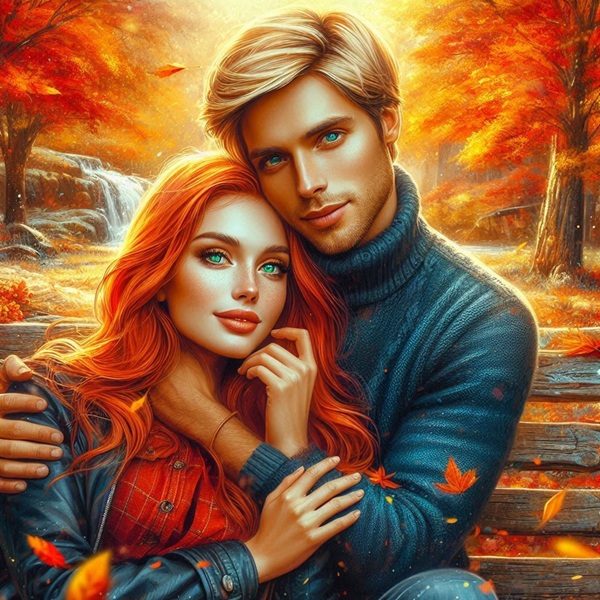 femeie roscata tine de mana un barbat blond in pulover albastru pe gat pe o banca in peisaj de toamna