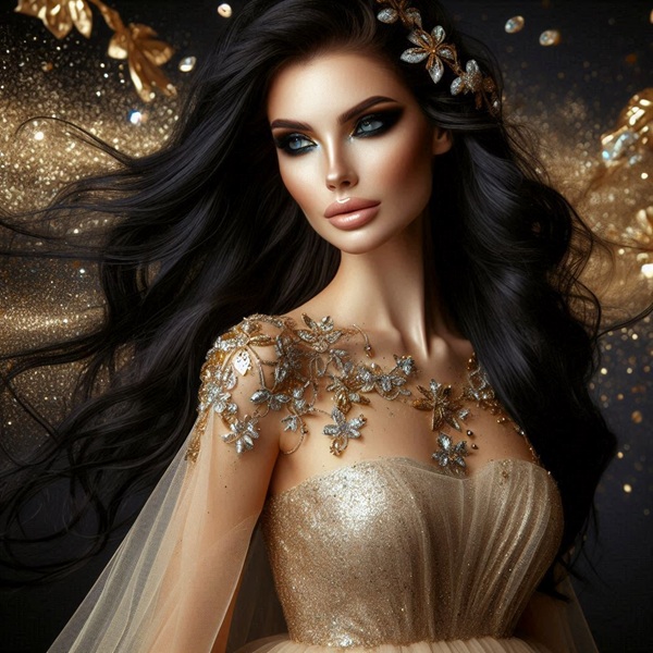 femeie bruneta cu parul lung in rochie aurie pe fundal negru cu accesorii de diamant priveste in zare