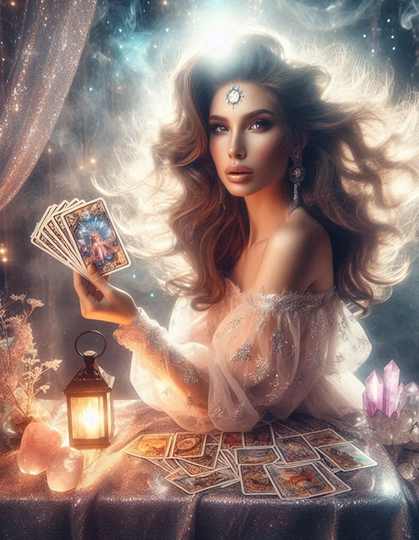 femeie cu parul lung saten imbracata in rochie arata carti de tarot