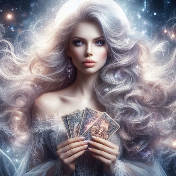 femeie blonda tine in mana carti de tarot pe un fundal fantasy