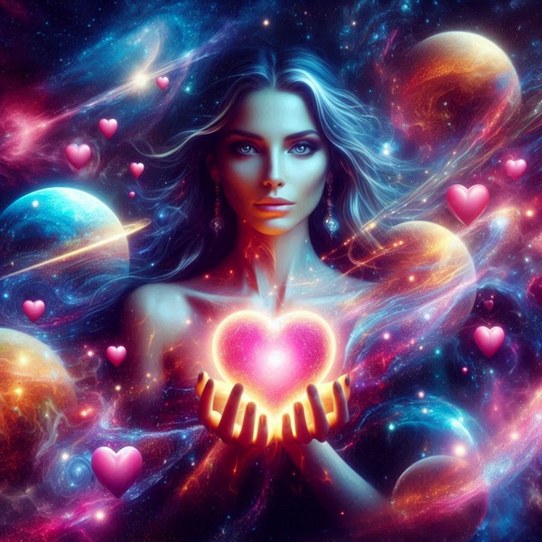 femeie cu parul lung tine in mana o inima stralucitoare in fundal astral cu planete si inimioare