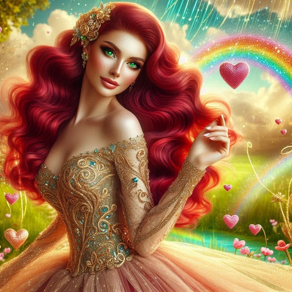 femeie cu parul rosu cu bucle imbracata in rochie aurie in spate fundal curcubeu