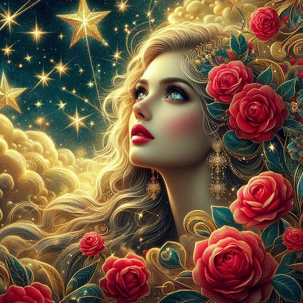 femeie blonda inconjurata de flori rosii se uita pe cerul instelat