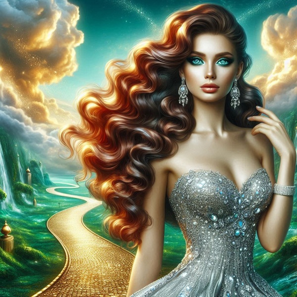 femeie cu parul cu bucle si rochie cu diamante langa un drum auriu serpuit