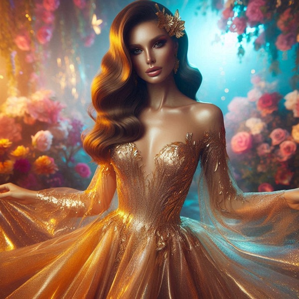 femeie cu parul lung cu bucle lejere imbracata in rochie aurie isi tine cu ambele maini rochia