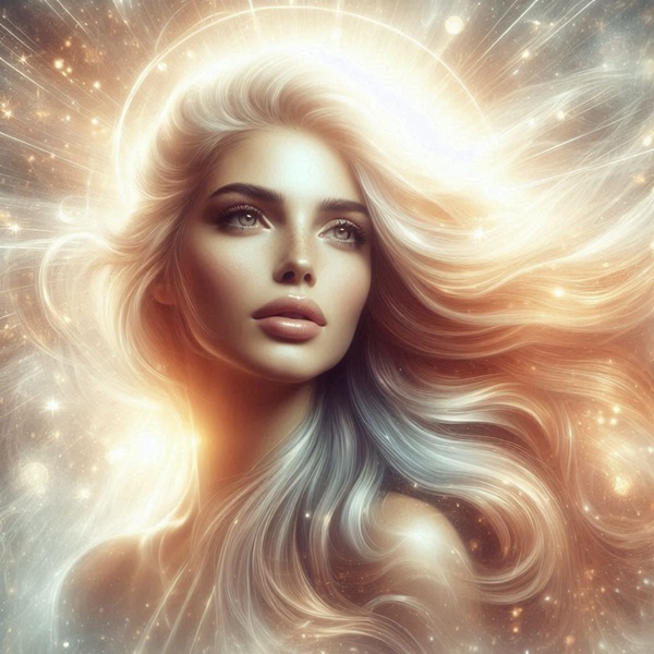 femeie blonda cu parul lung si cu o aura angelica pe fundal de lumina celesta