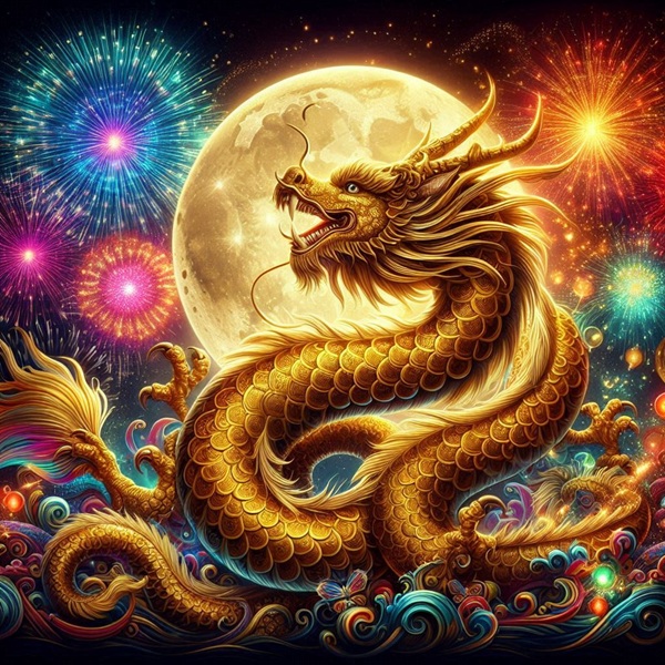 zodia dragon in zodiacul chinezesc de culoare galbena pe fundalul unor artificii date pe cer cu luna plina