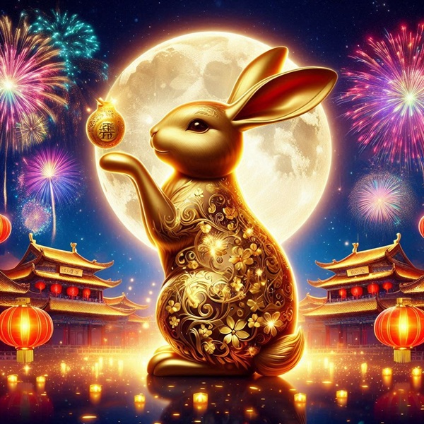 zodia iepure in zodiacul chinezesc de culoare galbena pe fundalul unor artificii date pe cer cu luna plina