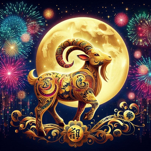 zodia capra in zodiacul chinezesc de culoare galbena pe fundalul unor artificii date pe cer cu luna plina