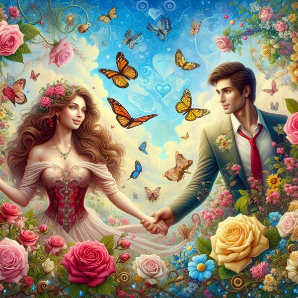 femeie si barbat se tin de man ainconjurati de flori si de fluturi in atmosfera romantica