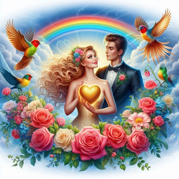 femeie blonda cu parul lung tine in mana o inima aurie este alaturi de un barbat brunet pe fundal romantic inconjurati de flori si pasari