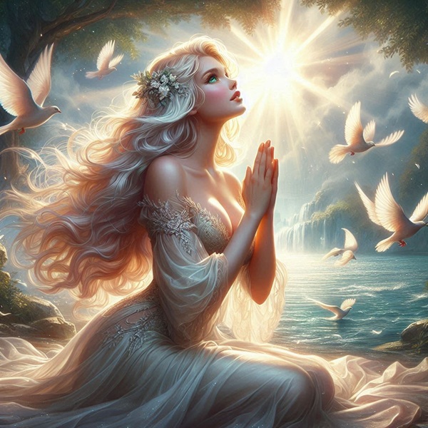 femeie blonda se roaga la cer inconjurata de pasari albe