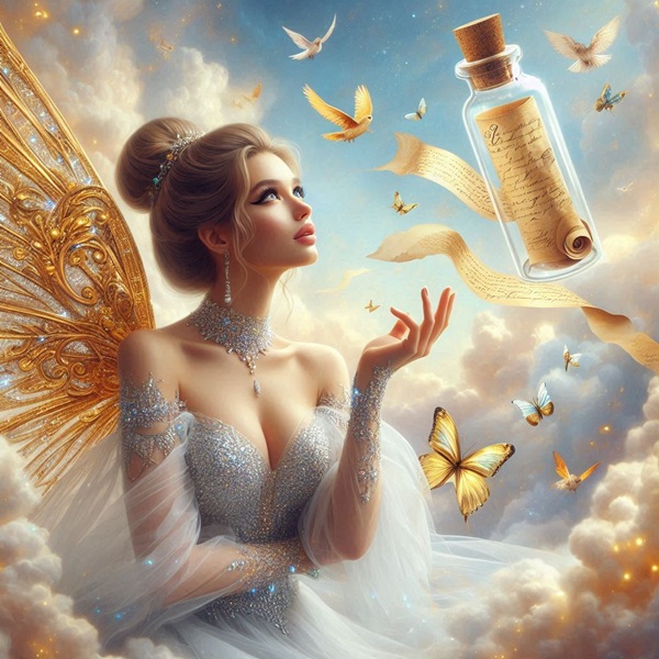femeie imbracata in alb primeste un mesaj intr-o sticluta din cer