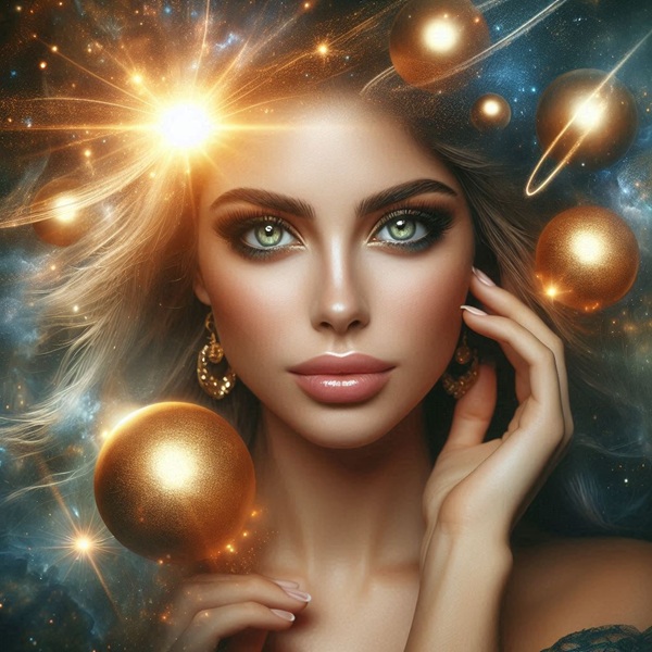 femeie frumoasa blonda cu planete aurii si stea stralucitoare fundal fantasy