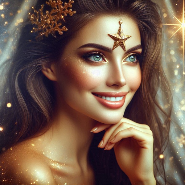 femeie frumoasa bruneta cu ochi verzi cu stea in frunte aurie