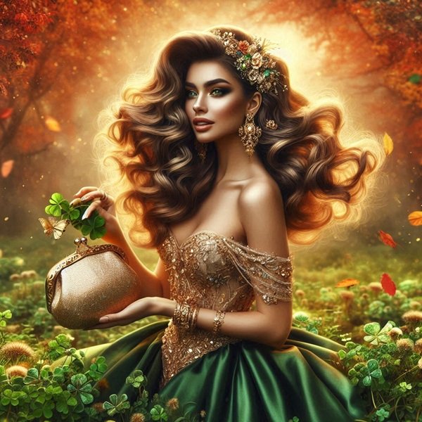 femeie cu parul lung cu bucle imbracata in rochie verde tine o poseta aurie in mana