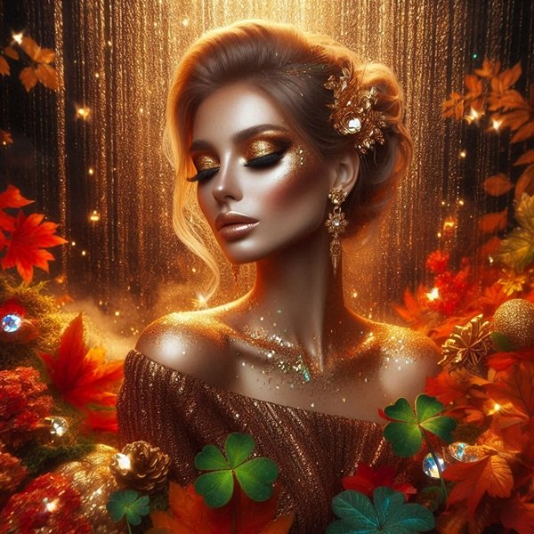 femeie cu parul prins in coc si ochii inchisi cu machiaj auriu inconjurata de trifoi cu patru foi sub ploaie de aur