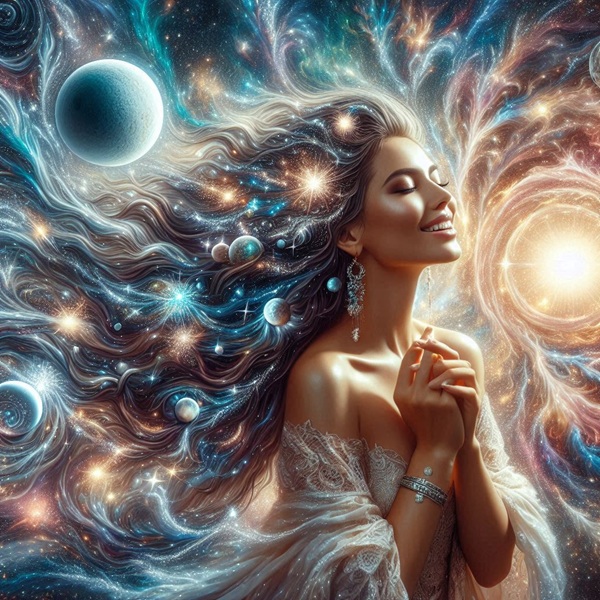 femeie cu parul lung negru si stele in par se uita spre o lumina stralucitoare