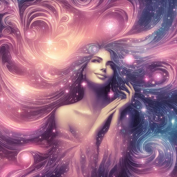 chip de femeie care tine mainile impreunate in background astral de culoare mov