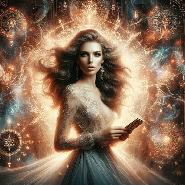femeie satena inconjurata de semne ezoterice si de o lumina puternica tine carti de tarot in mana