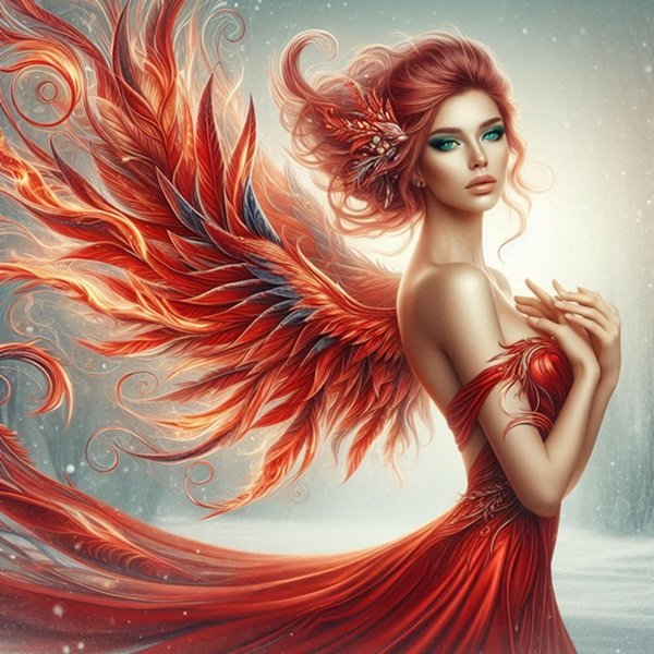 femeie roscata cu rochie rosie si cu aripi de pasare phoenix