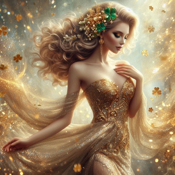 femeie in rochie aurie cu parul saten carliontat priveste in jos